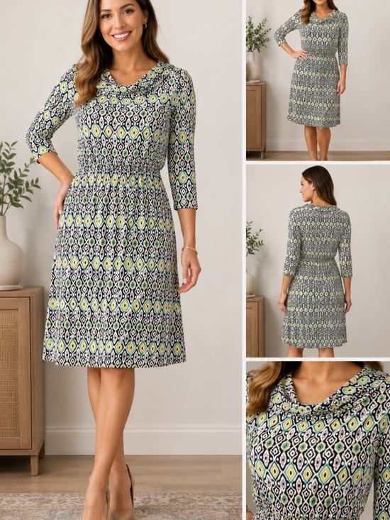 Jones New York Dresses & Skirts - Jones New York Geometric Print Dress Large Stretch Knit Modest Career New Office